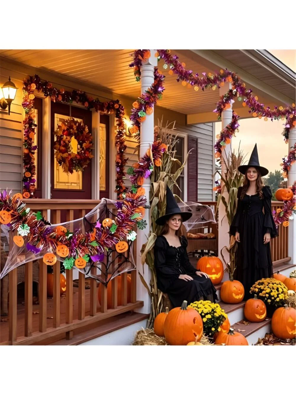 Halloween Garland Decorations Glitter Tinsel Orange Pumpkin Black Bats Purple
